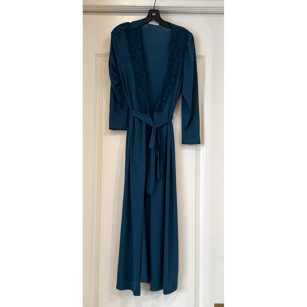 Vintage Lorraine Long‎ Robe Floral Lace Trim Nylon Green Sz Small USA Lounge